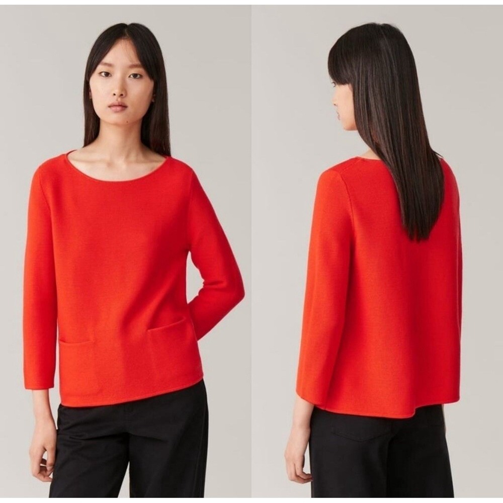 COS 100% Merino Wool Sweater Pockets Red Quiet Luxury Minimalist Capsule Sz M